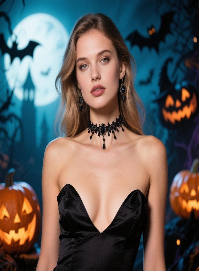 Todenb Goth Black Choker Earrings Set Witch Accessories for Women Black Lace Choker Vintage Velvet Necklace Costume Gothic Vampire Necklaces Halloween Jewelry A-Black - Image 3